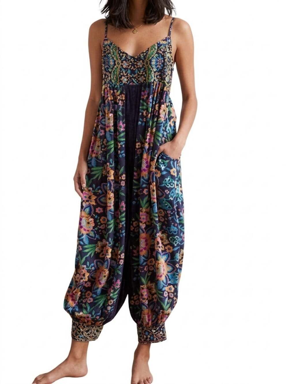 Anthropologie Jumpsuit Womens M Navy Floral Modal Harem Boho Pockets Sleeveless